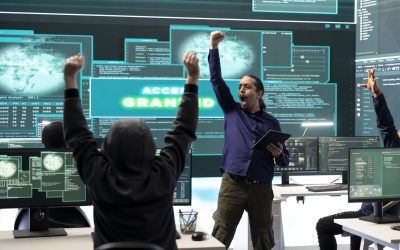 Group of governmental hackers successfully breaking into servers to steal important data, experts feeling happy and proud of their criminal achievement. Espionage system in high tech agency.